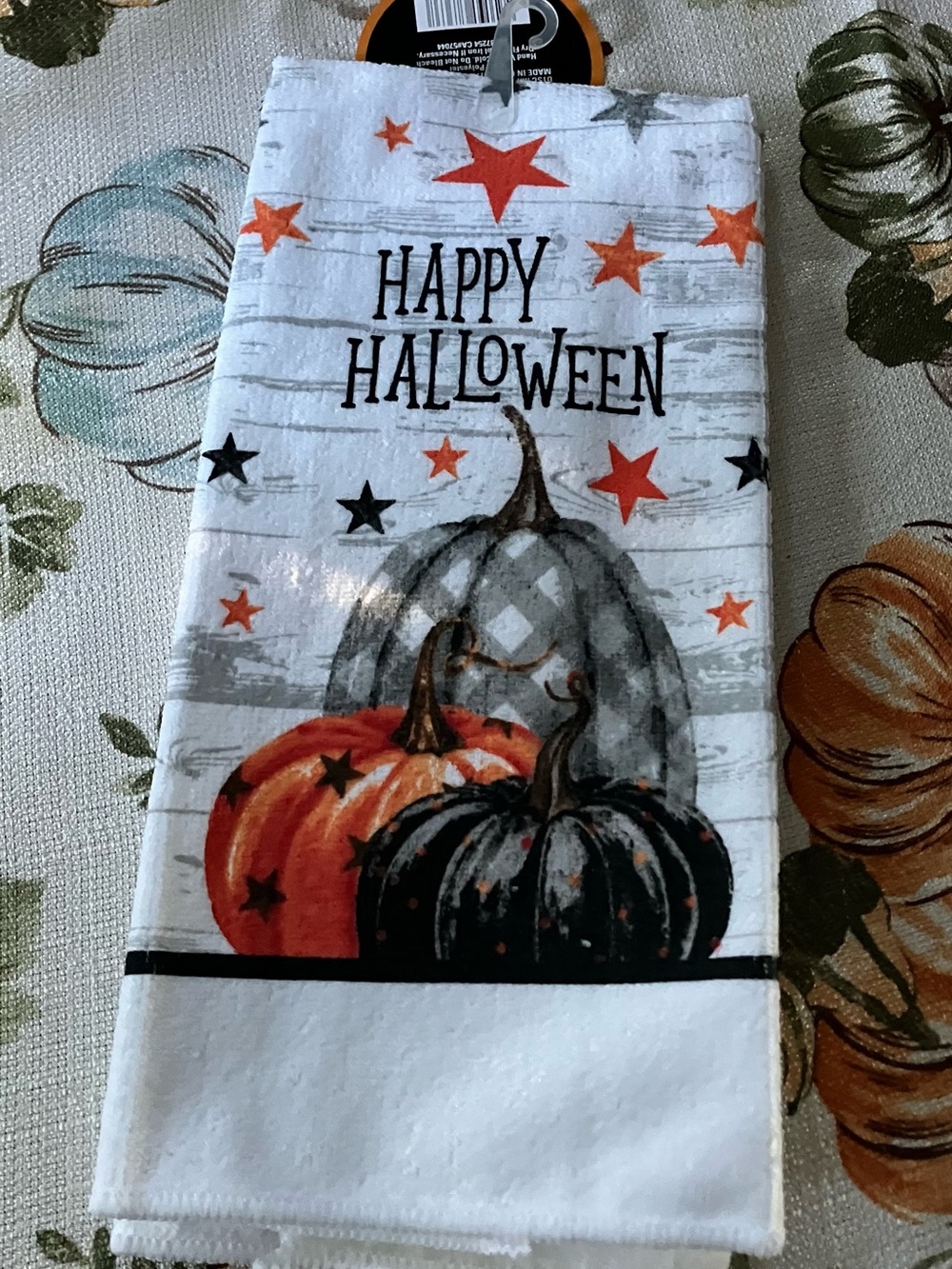 Happy Halloween Pumpkin and Star Kitchen Towel - White, Orange, Black